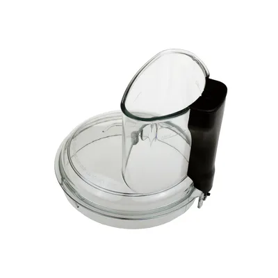 A clear studio shot of a food processor lid with a black handle.