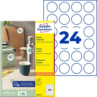 Produktbild von Avery Zweckform L3415-10, Runde Etiketten, A4, ? 40 mm, 240 Etiketten / 10 Bögen, weiß