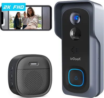 Produktbild von ieGeek 2K Video Türklingel mit Kamera und Wlan, Funkklingel Wasserfest mit Gong, Klingel Haustür mit PIR Personenerkennung,166° Blickwinkel, Zwei-Wege-Audio, SD|Cloud-Speicher, IP66