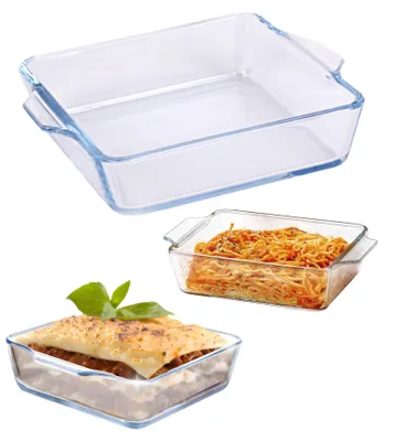 Image de Plat à gratin en verre borosilicaté – Résistant à la chaleur – Convient pour le micro-ondes, le four, le réfrigérateur et le lave-vaisselle – Transparent, 19,5 x 16,5 x 4,6 cm, 0,8 litre