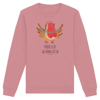 Produktbild von Mr. & Mrs. Panda Baumwoll Pullover Rotkehlchen Weihnachten Größe M - Canyon Pink - Geschenk, Pulli, Weihnachtsgruß, Sweater, Vogel, Winter, Heiligabend, Frohe, Bio