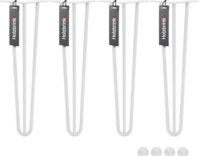 Four white metal table legs are displayed against a white background. Each leg has a black tag attached with the brand name 'Holzbrink' printed on it. Four small clear plastic caps are also visible at the bottom right of the image.
