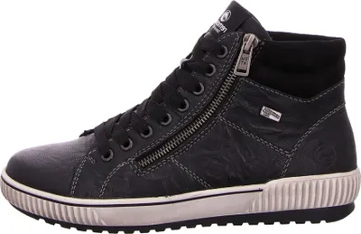 A side view of a black high-top sneaker.