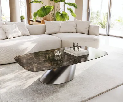 Produktbild von DELIFE Couchtisch Edge Boot 140x80 cm Keramik Emperador Extra Lucidato Dunkelbraun Conis Edelstahl gebürstet