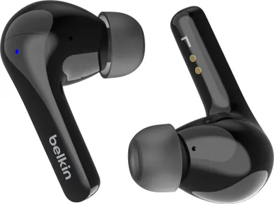 Two black wireless earbuds are displayed against a white background.