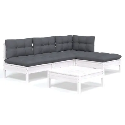 Produktbild von 5-tlg. Garten-Lounge-Set mit Kissen Weiß Kiefernholz