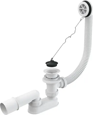 A white bathtub drain and overflow assembly with a flexible hose and a plug on a chain.