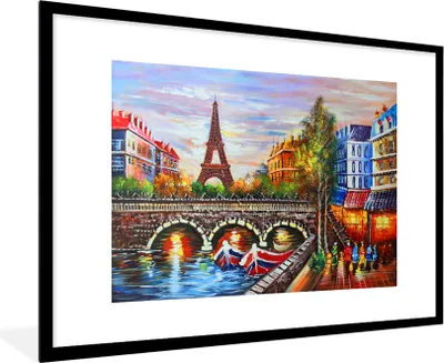 Produktbild von MuchoWow® Gerahmtes Poster Gemälde - Öl - Eiffelturm - Paris - Wasser 90x60 cm - Poster mit Schwarzem Bilderrahmen Wandposter Rahmen Foto Bilder - Wanddekoration - Fotos