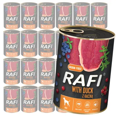 Produktbild von Rafi 24x400g Getreidefreies Nassfutter für Hunde mit Ente, Preiselbeeren und Blaubeeren