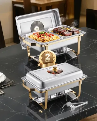 Produktbild von VEVOR Chafing Dish Set Speisenwärmer Edelstahl mit 4 Behältern in halber Größe (4 L pro), rechteckiger Wärmespender mit sichtbarem Deckel & Wasserpfannenständer & Brennstoffhalter, für Partys