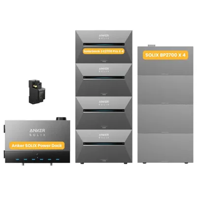 Produktbild von Powerness Balkonkraftwerk Speicher mit Anker Multisystem SOLIX Solarbank Power Dock & 4x Solarbank 3 E2700 Pro, Smart Meter,4x BP2700 Erweiterungsakku