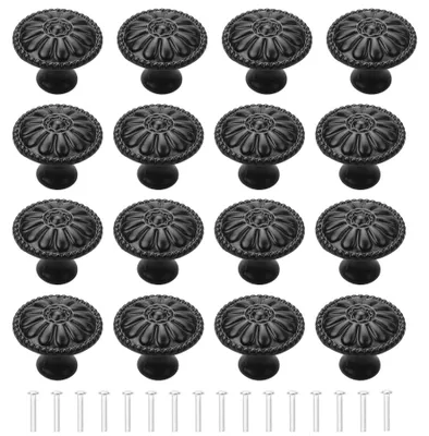 Image de Boutons de meubles noirs, lot de 16, boutons de meubles à motif floral, boutons de tiroirs ronds, boutons pour commodes, lot de boutons de tiroirs, boutons de meubles, commodes