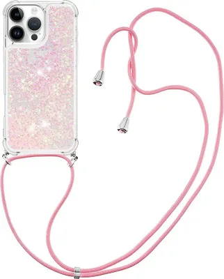 Produktbild von iPhone 16 Pro Max Hülle - Coverup Liquid Glitzer Back Cover mit Handykette - Pink