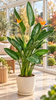 Produktbild von Strelitzie – Paradiesvogelblume Strelitzia reginae, exotische Zimmerpflanze für Wintergarten & Terrasse, ca. 70 cm inkl. Topf