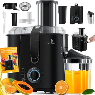 Produktbild von KESSER® Entsafter für Obst und Gemüse aus Edelstahl 1100W große 85 mm Einfüllöffnung inkl. Reinigungsbürste und Saftbehälter 3 Geschwindigkeitsstufen, Saftpresse Juicer, Schwarz
