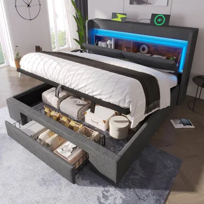 Produktbild von Flieks Hydraulisches Polsterbett 140x200cm mit Usb & Type-c, Stauraumbett mit Schublade und Ablage, Jugendbett Doppelbett Leinen, Grau