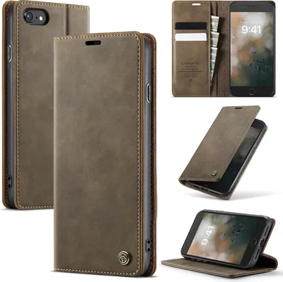 Image de Étui en cuir pour iPhone 6s/6/7/8/8/SE 2020/SE 2022, protection RFID, fermeture magnétique, fentes pour cartes et fonction stand Marron