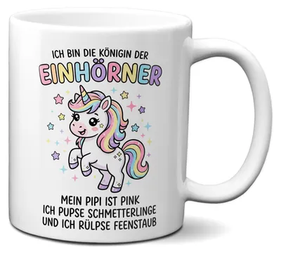 Produktbild von TassenKing Tasse mit Spruch "Königin der Einhörner" – Lustige Einhorn Kaffeetasse Unicorn Regenbogen Motiv – Geschenk für Frauen Mädchen Geburtstag Muttertag – Keramik 330ml weiß