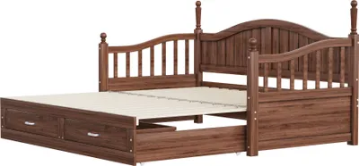 Obrázek produktu pro okwish Rozkládací postel 90/180×190 cm, Dětská postel Manželská postel s výsuvným lůžkem Multifunkční dvojlůžko s mnoha úložnými prostory a nabíjecí přípojkou, Bez matrace, Ořech