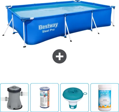 Produktbild von Bestway Rectangular Steel Pro Swimmingpool – 300 x 201 x 66 cm – Blau – inklusive Pumpe Filter - Chlorschwimmer - Chlor