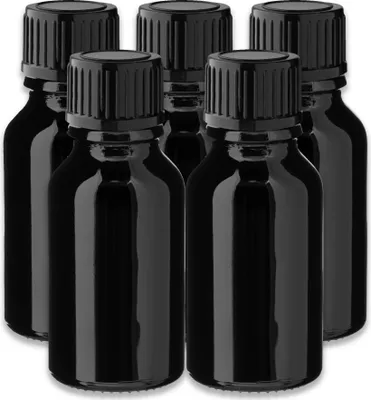 Produktbild von 5x Glasflasche schwarz 15 ml mit schwarzem PP Schraubverschluss Kappe