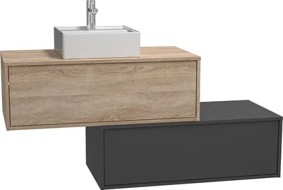 Produktbild von Natürliches Licht und anthrazitfarbener wandhängender Badezimmerschrank mit Waschbecken und zwei Schubladen - 94 cm - TEANA II