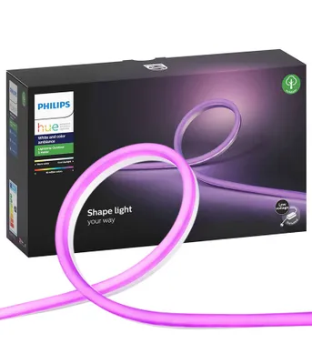 A product box for a Philips Hue lightstrip, with the lightstrip itself draped over the box.