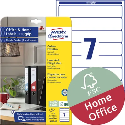 Productafbeelding van Avery Zweckform L4760-10, etiketten voor ordners, 192 x 38 mm, 10 vellen/70 etiketten, wit