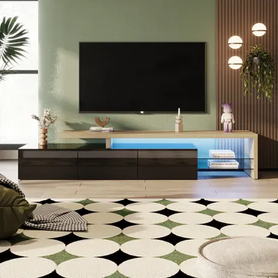 Produktbild von Fortuna Lai LED TV-Lowboard weiß hochglanz mit LED-Beleuchtung, 2 Glasablagen und 2 offenen Fächern, TV Schrank TV-Schränke Fernsehtisch Wohnzimmerschränke, B/H/T:200/42/39cm, Schwarz/Natur