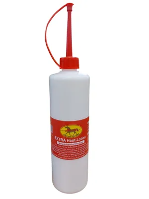A white plastic bottle with a red cap and nozzle, featuring a red and yellow label with text and a horse logo.