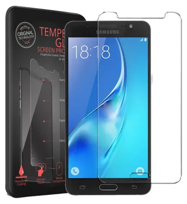 A product shot of a Samsung Galaxy J5 2016 screen protector and its packaging.