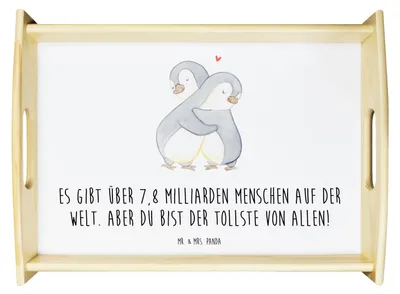 Produktbild von Mr. & Mrs. Panda Tablett Pinguine Kuscheln - Weiß - Geschenk, Hochzeitstag, Valentinstag, Holztablett, Hocheitstag, Freund, couchtablett, für Freundin, Servier, Partner