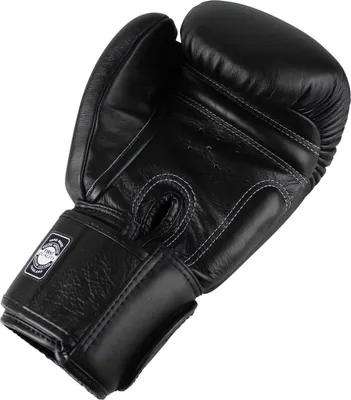 A black boxing glove is shown against a white background.