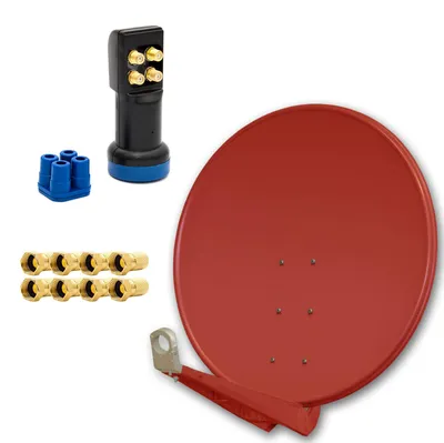 Immagine prodotto di Sistema satellitare PremiumX DELUXE per un massimo di 4 televisori, antenna satellitare da 100 cm in alluminio color mattone, con LED, quattro LNB inclusi e 8 connettori F