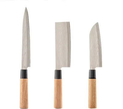 Produktbild von InnovaGoods® Set de Küchenmesser mit Scheide de Transport, Messer mit Griffen de Holz, Filetiermesser, Santoku und Axt, Klingen de Edelstahl de Damast Stil 2,5mm (3 PCS)