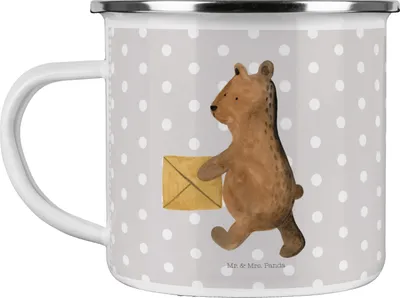 Produktbild von Mr. & Mrs. Panda Emaille Tasse Bär Zuhause - Grau Pastell - Geschenk, Haferl, Kaffeepott, Einzugsgeschenk Einzug Neues Haus Neue Adresse Umzug Umziehen, Teetasse, Becher