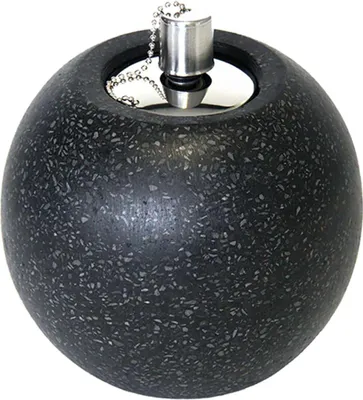 A black terrazzo sphere oil lamp with a silver pull chain.