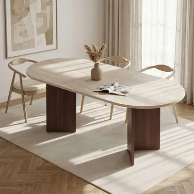 Productafbeelding van Skye Decor, uitschuifbare eettafel 160-200 cm, travertin & Milano notenhout, 100% melamine