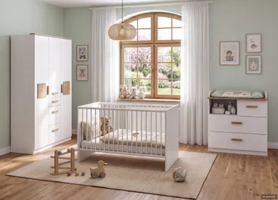 Produktbild von Babyzimmer-Set Kinderzimmer Babybett Wickelkommode Kleiderschrank 135 cm, Weiß & Eiche Nachbildung / 22813