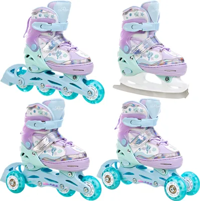 A collage of four different views of adjustable roller skates and ice skates.