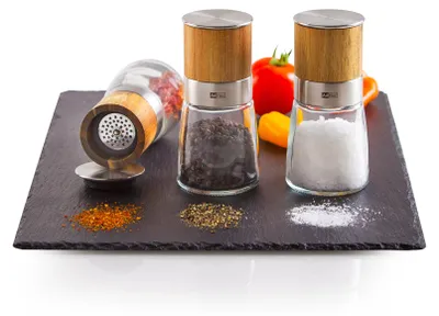 Produktbild von AdHoc Geschenk Set Salzmühle, Pfeffermühle, Chilimühle Akasia, Meersalz, schwarzer Pfeffer und Chilischoten inklusive, Glas | Edelstahl | Holz