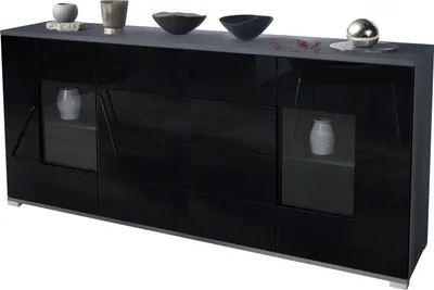 Produktbild von Vladon Sideboard Grömitz V2, Kommode mit 2 großen Türen und 4 Schubladen, Anthrazit matt/Schwarz Hochglanz (166,5 x 75,5 x 35)