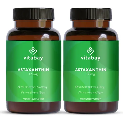 Produktbild von Vitabay Astaxanthin 12 mg – 180 vegane Softgel-Kapseln – aus Haematococcus pluvialis – ohne Zusatzstoffe – hochdosiert – 12 Monate Vorrat