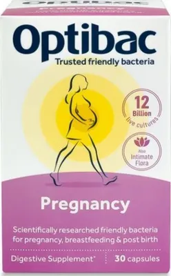 A box of Optibac Pregnancy digestive supplement.