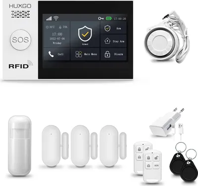 Produktbild von HUXGO HXA007 Alarmanlage Haus WiFi + GSM 2G mit Sirene, Alarm System mit 1x Bewegungssensor und 3x Tür-Fenstersensor, Alarmanlage für Wohnung, Haus, Garage, Tuya Smartlife App