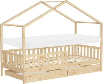 Produktbild von ML-Design Kinderbett Hausbett 90x200 cm Natur mit Matratze H:10cm, 2 Schubladen Rausfallschutz Lattenrost und Dach Spielbett aus Kiefernholz Bodenbett