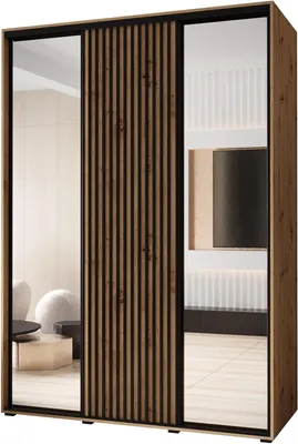 Produktbild von Schiebetürenschrank - Kleiderschrank - Garderobenschrank mit Spiegel - Schwarze Lamellen - 235x180x60 cm