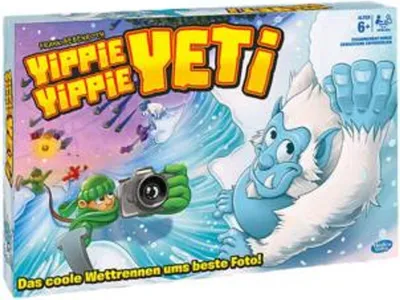 The image shows the box art for the board game "Yippie Yippie Yeti". It features cartoonish characters, including a yeti and a child with a camera, in a snowy, icy environment.