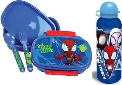 Produktbild von Marvel Spidey Spiderman 4 tlg Kinder Lunch Set Brotdose Trinkflasche Besteck - Blau