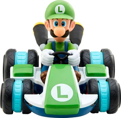 A toy Luigi character in a go-kart, facing forward.